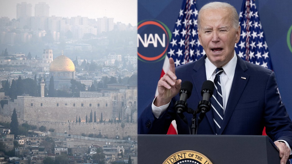 Po lewej panoramiczny widok na Stare Miasto w Jerozolimie o świcie 14 kwietnia 2024 r. po irańskim ataku dronów i pocisków rakietowych na Izrael. Po prawej prezydent USA Joe Biden wygłasza przemówienie w Białym Domy w reakcji na działania władz w Teheranie