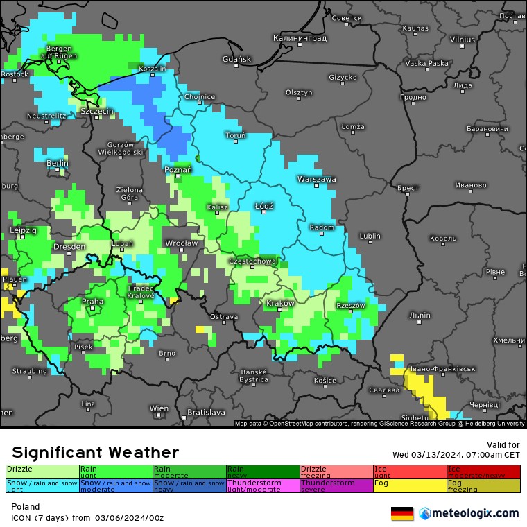 Niewykluczone, że przed 15 marca miejscami pojawi się jeszcze śnieg (kolor niebieski na mapie)