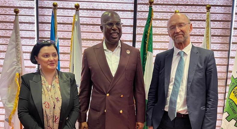 L-R: European Union (EU) Ambassador to Nigeria Isopi, Minister of State Petroleum Resources Chief Timipre Sylva and Deputy Director General EU Energy Platform Tax Force Matthew Baldwin during a courtesy visit to Sylva, on Friday