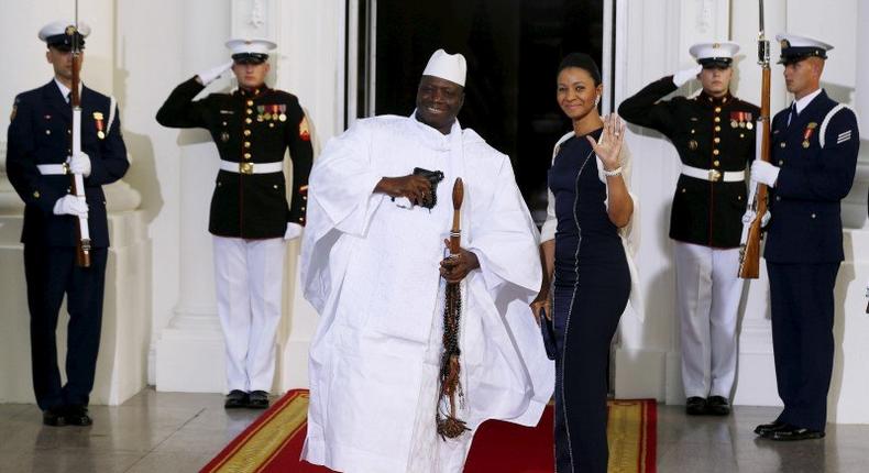 Gambia's President Yahya Jammeh and his wife Zineb Jammeh arrive for the official U.S.-Africa Leaders Summit dinner at the White House in Washington, in this August 5, 2014 file picture. REUTERS/Larry Downing/Files