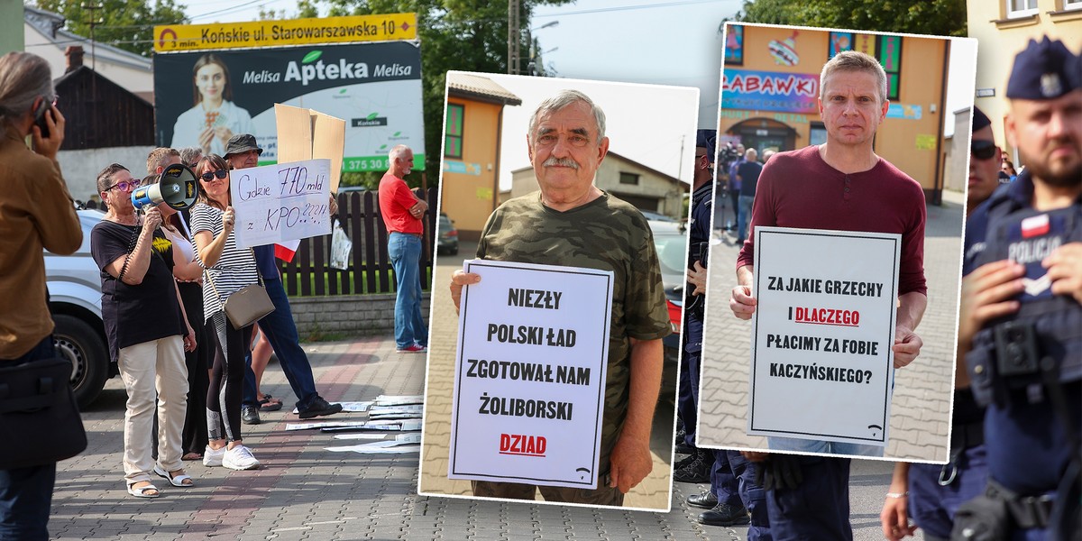 Końskie. Protest przeciwko rządowi PiS. Na plakatach spadochroniarz.