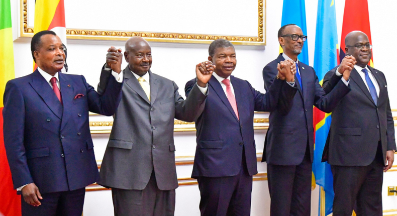 (From Left to Right) President Sassou Nguesso of Republic of the Congo, President Yower Museveni of Uganda, President João Lourenço of Angola, President Paul Kagame of Rwanda and President Félix Tshisekedi of D.R. Congo.