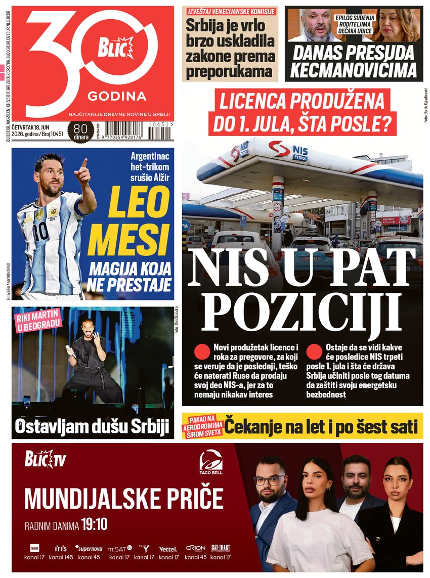 Blic naslovna strana za 18.6.