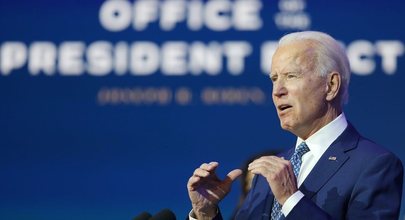 U.S. President-elect Joe Biden speaks to the media after receiving a briefing from the transition COVID-19 advisory board on November 09, 2020 at the Queen Theater in Wilmington, Delaware. Mr. Biden spoke about how his administration would respond to the coronavirus pandemic.