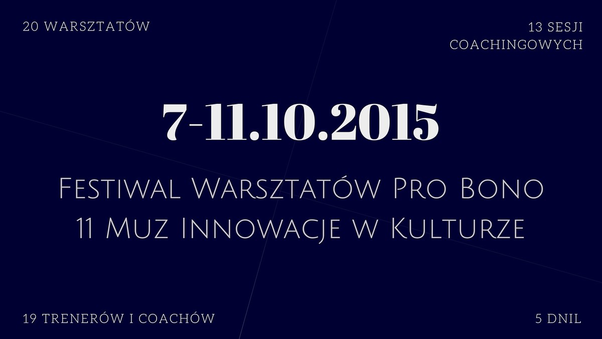 Fundacja 11 Muz Innowacje w Kulturze zaprasza w dniach 7-11 października 2015 r. na III edycję Festiwalu Warsztatów Pro Bono. Przez pięć dni zostanie zorganizowanych 20 warsztatów, 13 sesji coachingowych, które poprowadzą doświadczeni trenerzy i coachowie.