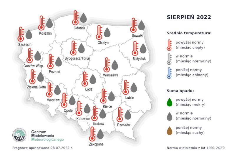 Prognoza średniej miesięcznej temperatury powietrza i miesięcznej sumy opadów atmosferycznych na sierpień 2022 r. dla wybranych miast w Polsce