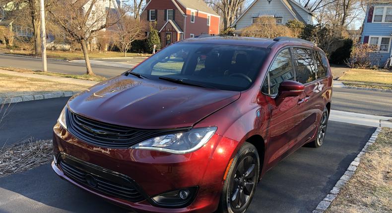 Behold! The Chrysler Pacifica Hybrid minivan, in Limited trim with a Velvet Red Pearl-Coat paint job. This test car was $45,395 before being optioned up to $50,375.