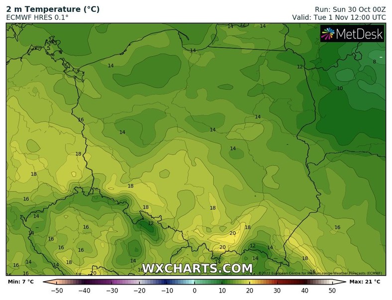 Na krańcach południowych nadal prognozujemy ok. 20 st. C