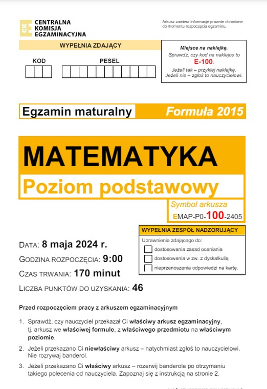 Matura 2024. Matematyka - poziom podstawowy [ARKUSZE CKE i ODPOWIEDZI]