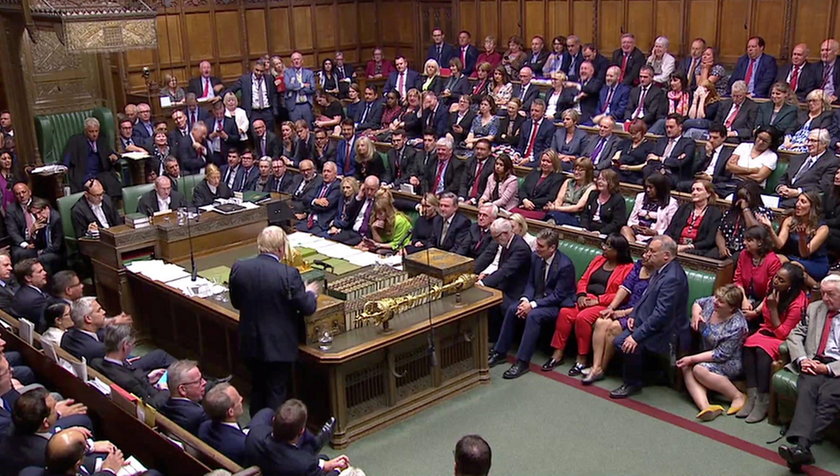 Britain's Prime Minister Boris Johnson, Chancellor of the Duchy of Lancaster Michael Gove, and leade