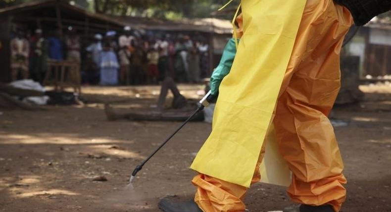 A member of the French Red Cross disinfects the area around a motionless person suspected of carrying the Ebola virus as a crowd gathers in Forecariah January 30, 2015. 