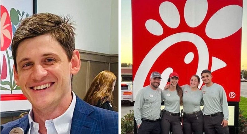 Chick-fil-A Kendall local operator Justin Lindsey (left) and staff members (right).Courtesy of Chick-fil-A Kendall