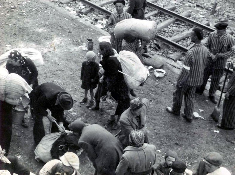 Nowi więźniowie przybywają do obozu w Auschwitz, lato 1944 r., domena publiczna