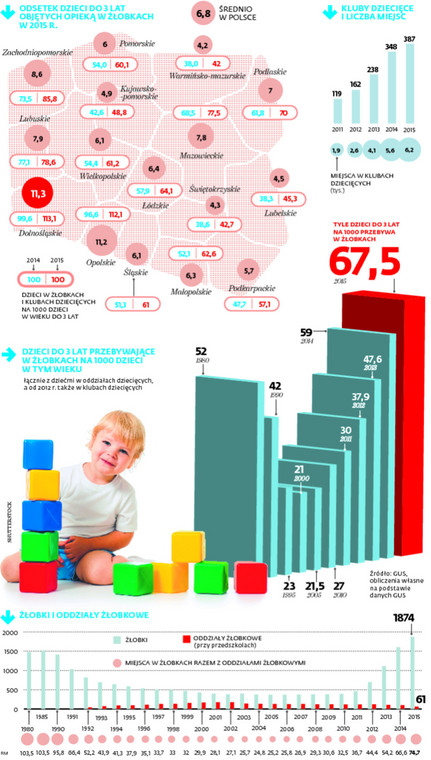 Odsetek dzieci do 3 lat objętych opieką  w żłobkach w 2015 r.