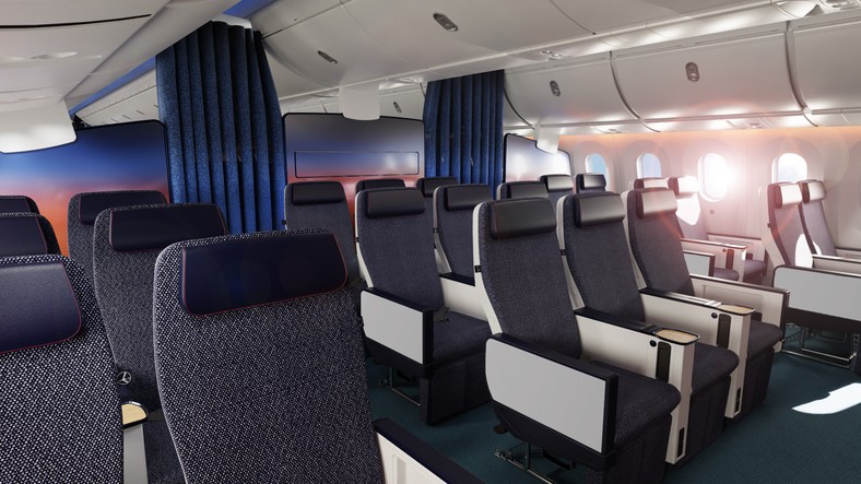 Wizualizacja wnętrza Dreamlinerów po zmianach. Klasa Premium Economy