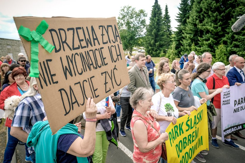 Protest mieszkancow przeciwko wycince drzew w Parku Slaskim