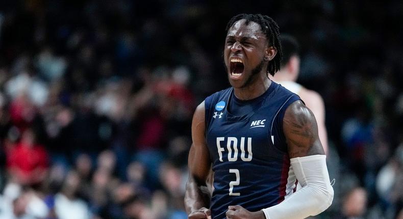 Fairleigh Dickinson guard Demetre Roberts celebrates in the second half of a first-round college basketball game against Purdue.AP Photo/Michael Conroy