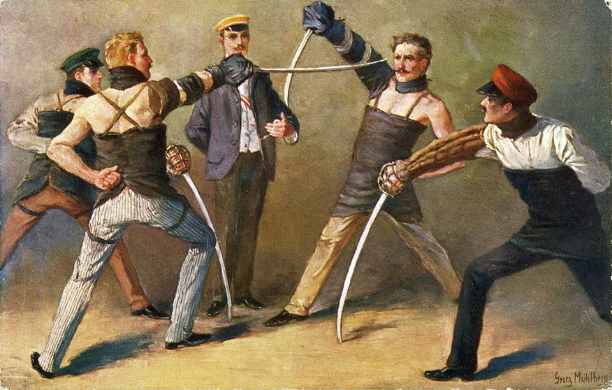Niemieccy uczniowie toczący pojedynek na szable ok. 1900 r.