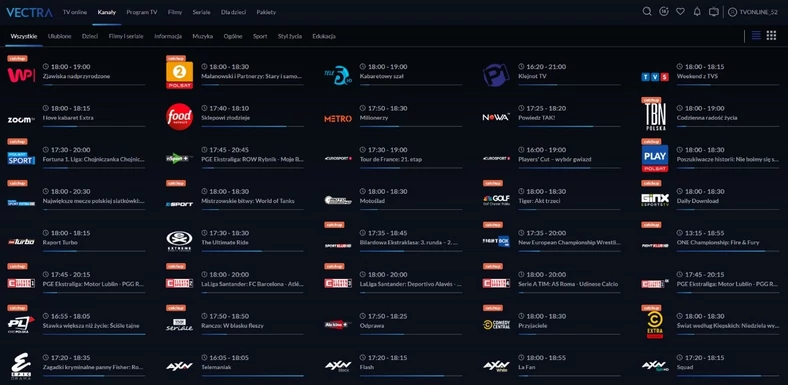 Kanały telewizyjne w najnowszej wersji usługi Vectra TV Online