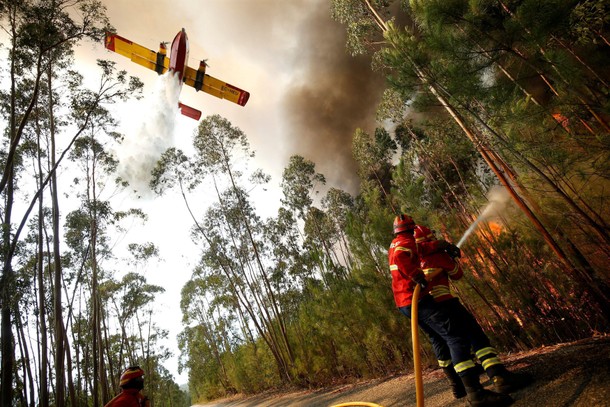 Firefighters work to put out a forest fire next to the village of Macao