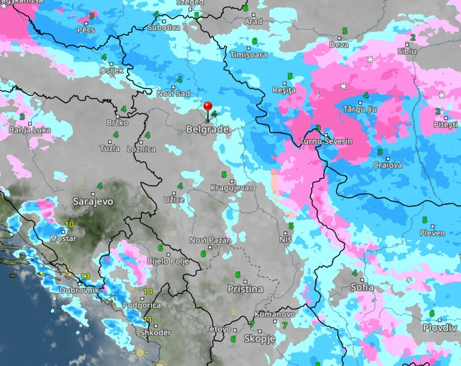 Kretanje padavina u Srbiji u 15 časova 