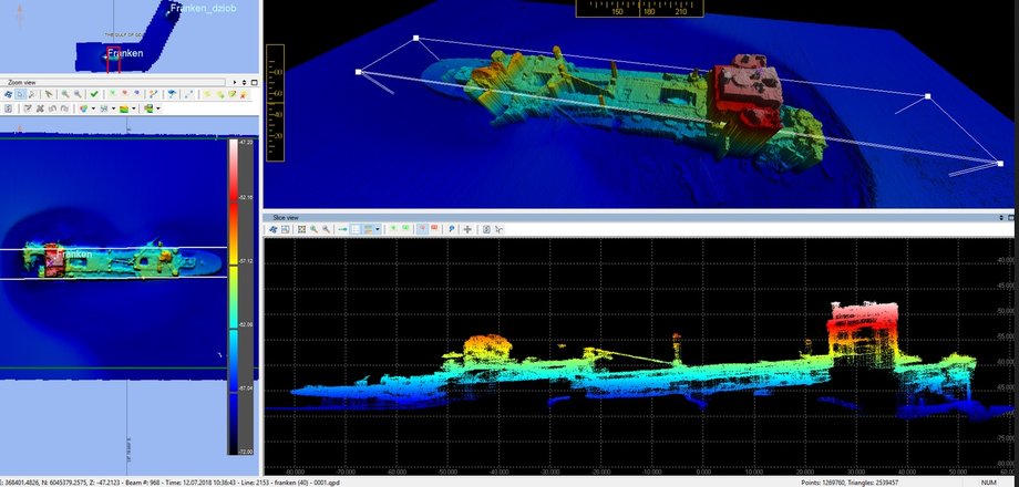 Aktualna sytuacja batymetryczna w rejonie zalegania wraku t/s FRANKEN na podstawie pomiarów hydrograficznych wykonanych przez Urząd Morski w Gdyni dnia 12.07.2018 r. z wykorzystaniem systemu hydrograficznej echosondy wielowiązkowej amerykańskiej firmy R2 Sonic, typ 2024