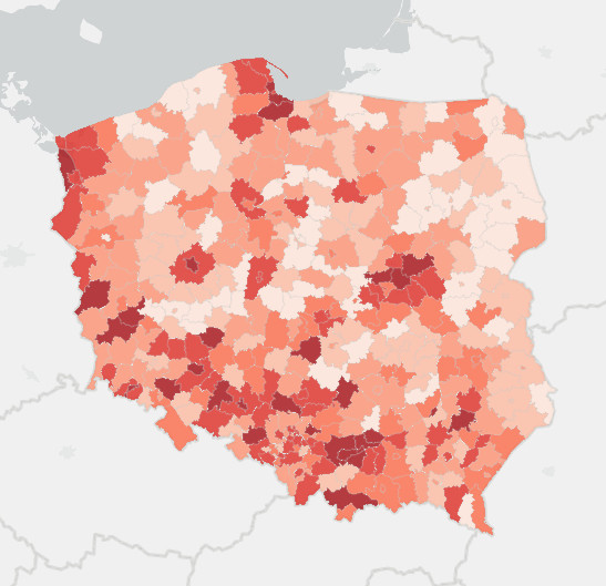 Zakażenia COVID-19 w powiatach