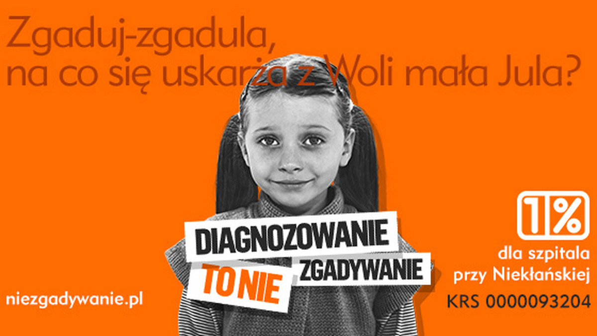 Fundacja "Przyjaciele Szpitali Dziecięcych w Warszawie" wspiera Szpital Dziecięcy przy Niekłańskiej w ramach kampanii 1 proc. prowadzonej pod hasłem "Diagnozowanie to NIE zgadywanie". Każda złotówka zebrana w ramach tej kampanii będzie przeznaczona na zakup sprzętu diagnostycznego niezbędnego przy badaniu małych pacjentów.