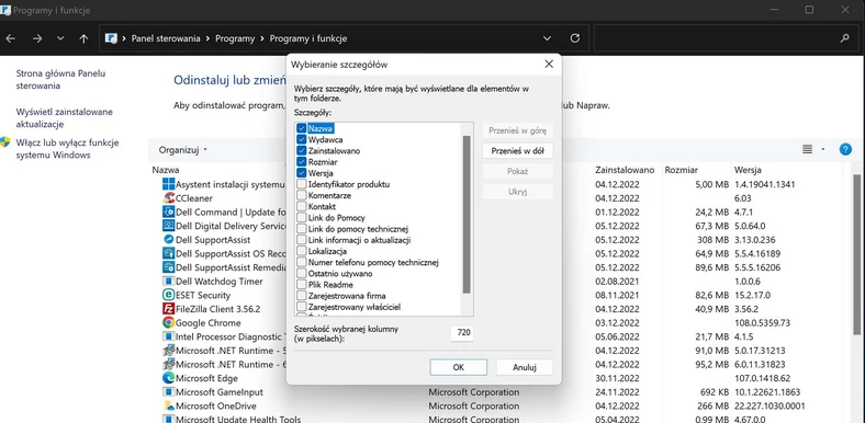 Nowe kolumny w aplecie "Dodaj/usuń programy"
