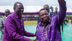 President William Ruto with COTU Secretary-General Francis Atwoli at Uhuru Gardens during the 2024 Labour Day celebrations