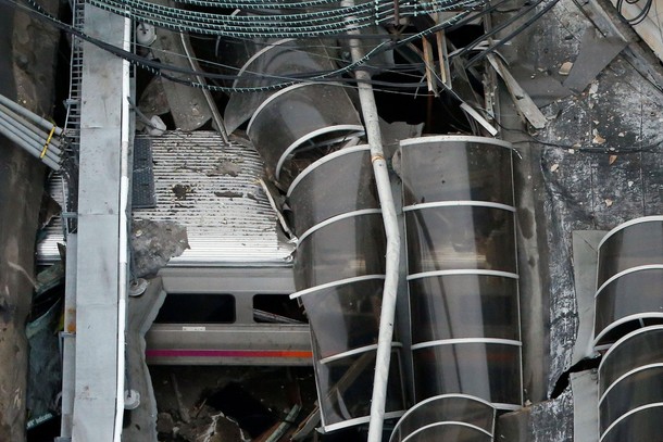 A train car is pictured in an aerial photo inside the New Jersey Transit Hoboken Terminal following 