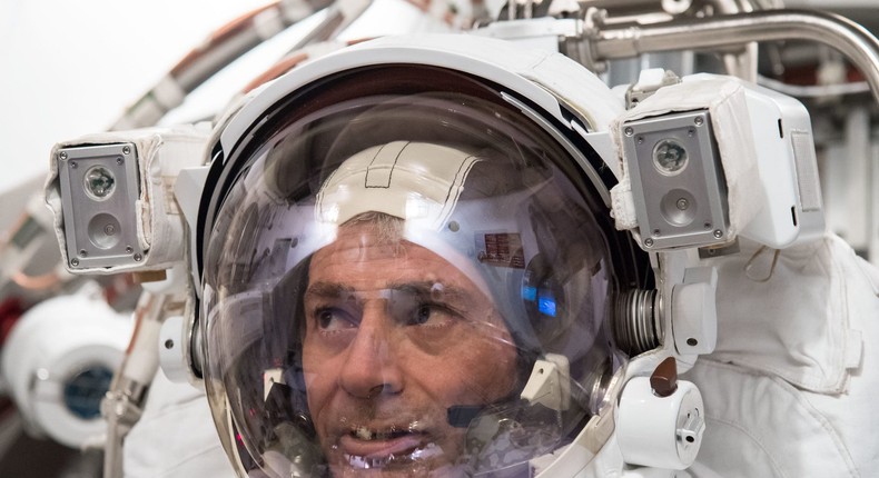 Astronaut Mark Vande Hei trains for a spacewalk at the Johnson Space Center in March 2017.