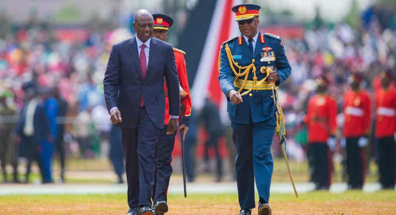 File image of President William Ruto matches during the 2023 Jamhuri Day celebrations at the Uhuru Gardens escorted by Chief of the Defence Forces of the Kenya Defence Forces, General Francis Ogola