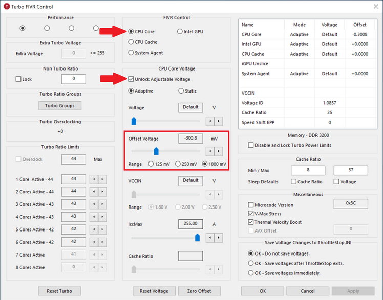 ThrottleStop – okno z ustawieniami offsetu napięcia CPU