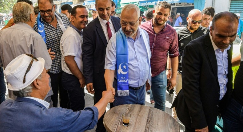 Head of the Ennahdha party Rached Ghannouchi campaigned in the Bab Jdid district of Tunisia's capital Tunis