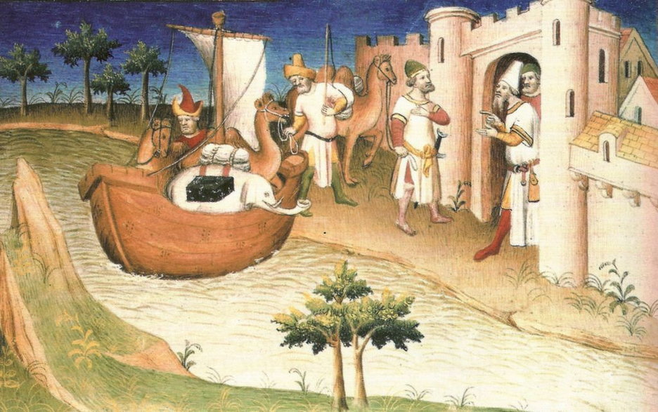 Przybycie Marco, Niccolo i Matteo do Ormuz, ilustracja z rękopisu „Opisania świata” (domena publiczna)