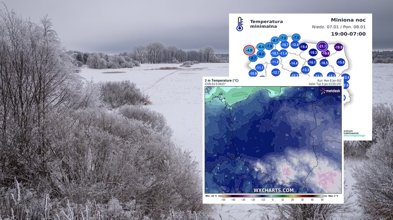 Za nami bardzo zimna noc. Kolejna może być jeszcze mroźniejsza (screeny: IMGW, wxcharts.com)