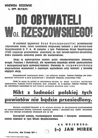 Obwieszczenie wojewody rzeszowskiego z 1947 roku - początek Akcji "Wisła"