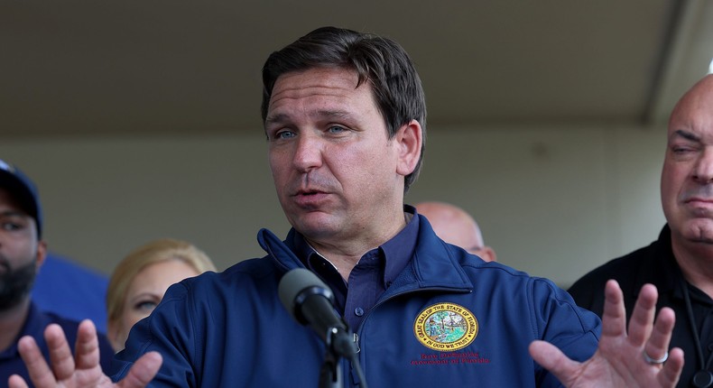 Florida Governor Ron DeSantis speaks during a press conference to update information about the on ongoing efforts to help people after hurricane Ian passed through the area on October 4, 2022 in Cape Coral, Florida.