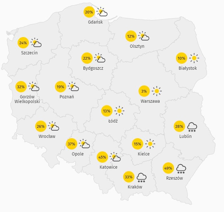 Spodziewane procentowe zachmurzenie nad Polską w sobotę 12 lutego