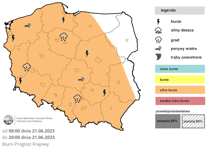 W środę gwałtowne burze możliwe są prawie w całej Polsce