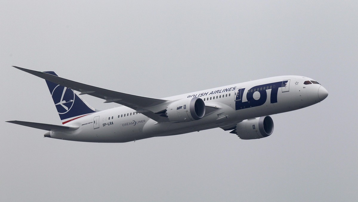 Boeing 787 Dreamliner purchased by Poland's LOT Airlines performs a low altitude flyover at the Chopin International Airport in Warsaw