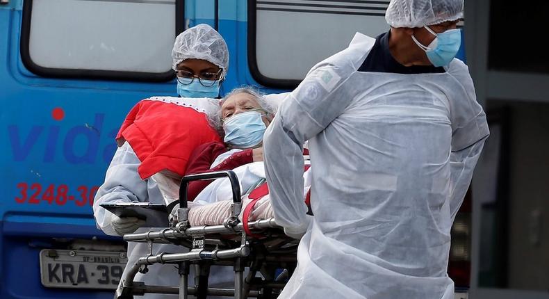 A COVID-19 patient is rushed into a hospital in Brasilia, Brazil, on January 11, 2021.
