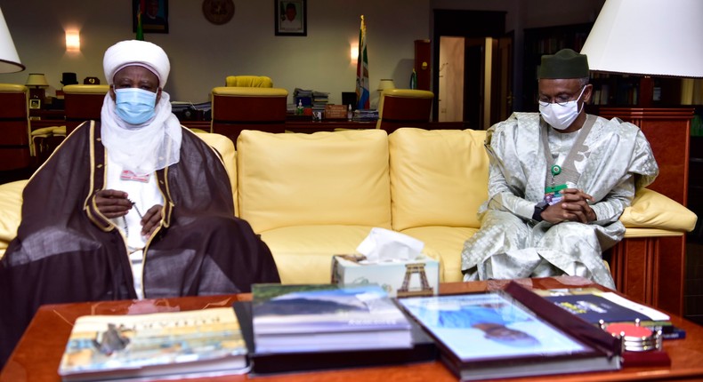 Governor Nasir El-Rufai of Kaduna meets with the Sultan of Sokoto, Dr Sa’ad Abubakar. [Twitter/@GovKaduna]