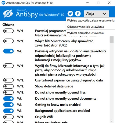Interfejs programu Ashampoo AntiSpy for Windows 10