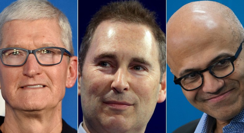 Apple's Tim Cook, Microsoft's Satya Nadella and Amazon's Andy Jassy.