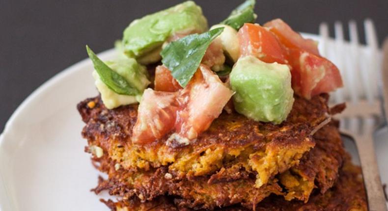 Sweet potato fritters with avocado salsa