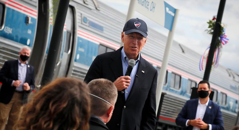 U.S. Democratic presidential candidate and former Vice President Joe Biden speaks to supporters after arriving on an Amtrak train for a campaign stop in Alliance, Ohio, U.S., September 30, 2020.
