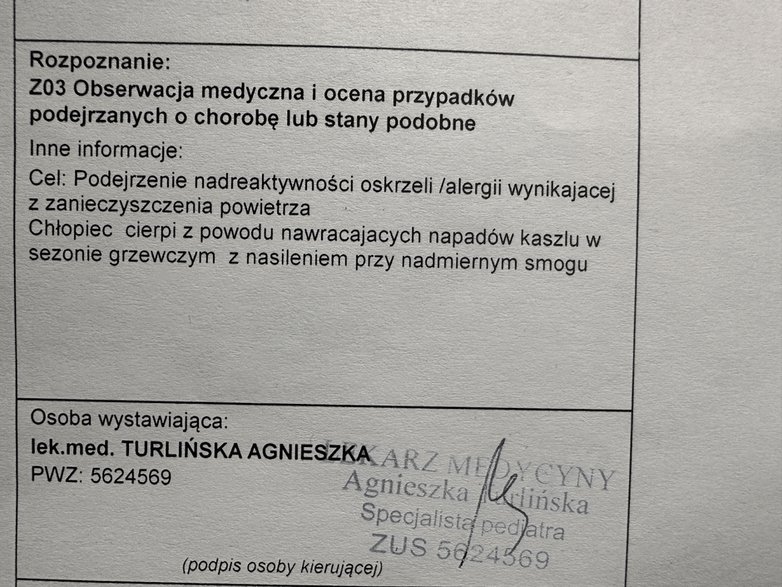 Karta potwierdzająca diagnozę łączącą zanieczyszczenia powietrza z chorobami powtarzającymi się w sezonie grzewczym