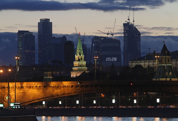 Biznesowe "City" w Moskwie, znane pod oficjalną nazwą International Business Centre - panorama nocna.